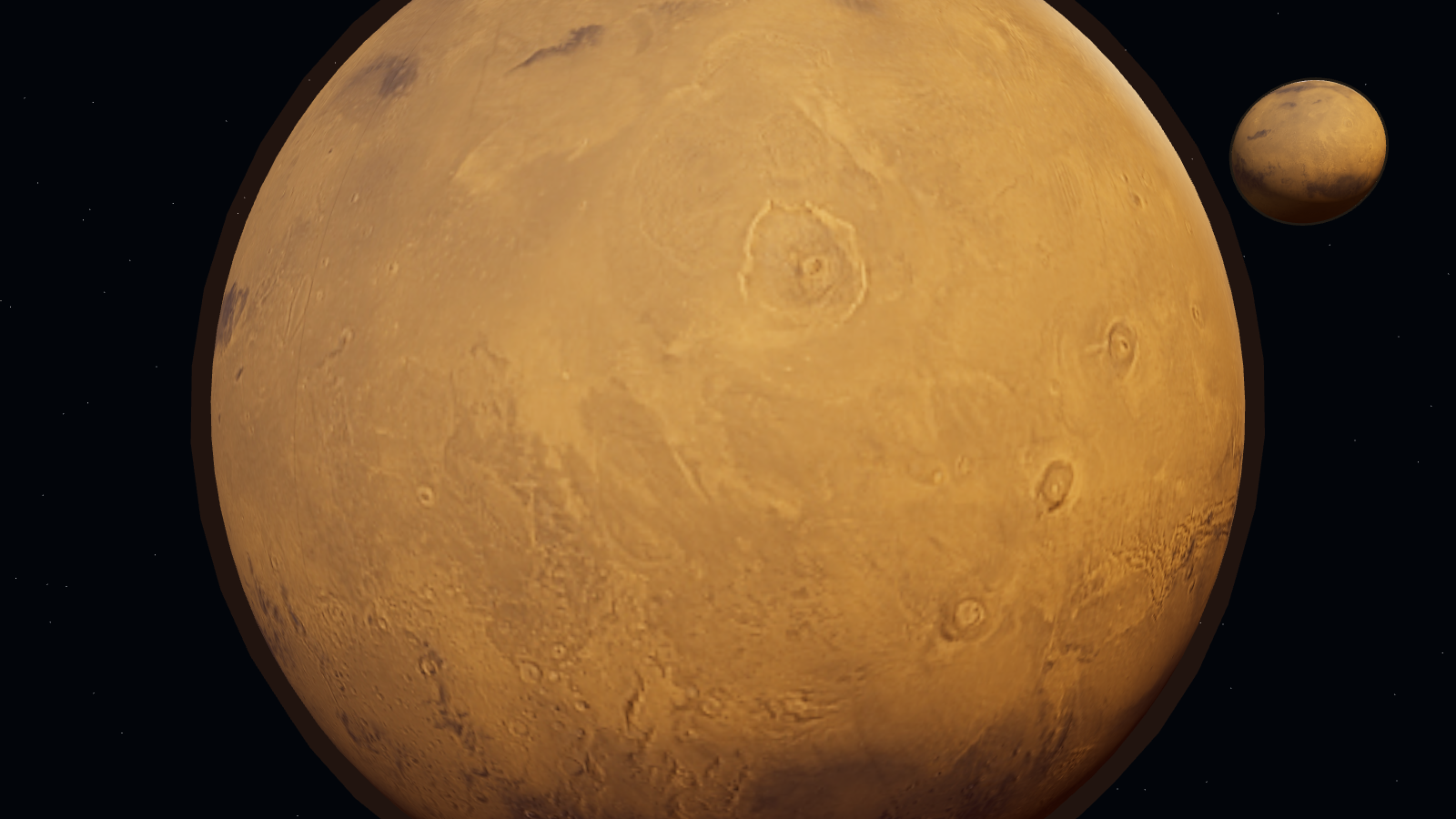 New Mars filling the view, with its moon to the right.